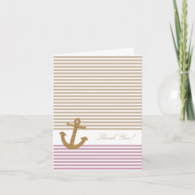 Pink Gold Stripes Glitter Anchor thank you Card (Front)