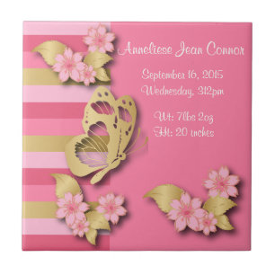 Pink & Gold Stripes with Flowers & Butterfly Tile