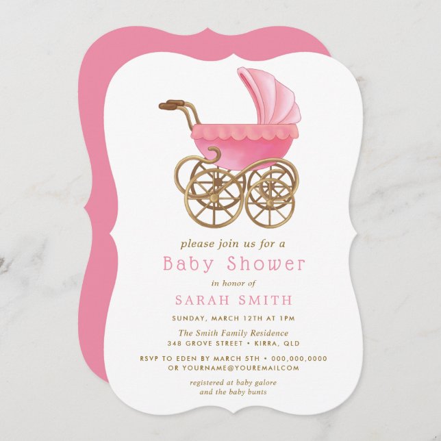 Pink & Gold Stroller Pram Baby Shower Invitation (Front/Back)