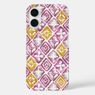 Pink Gold Stylish Ethnic Diamond Tiles iPhone 16 Case