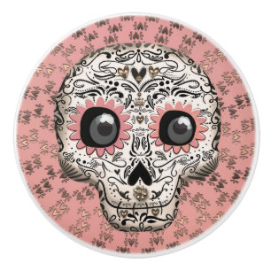 Pink & Gold Sugar Skull & Cute Whimsical Hearts Ceramic Knob
