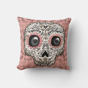 Pink & Gold Sugar Skull & Cute Whimsical Hearts Cushion