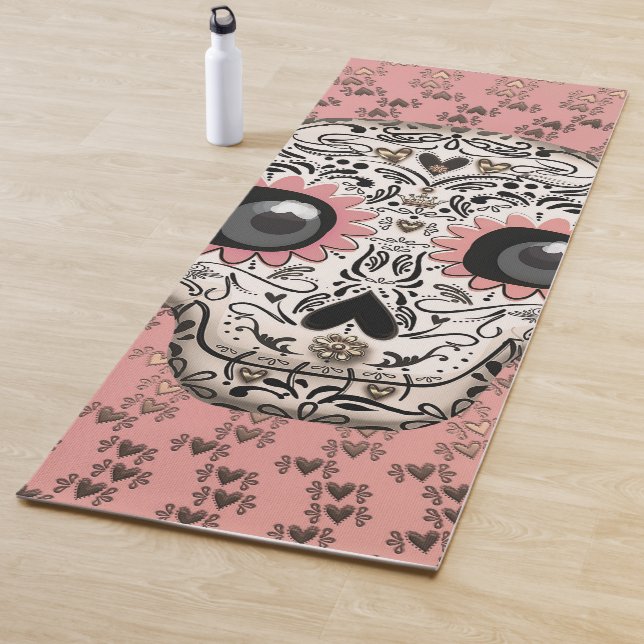 Pink & Gold Sugar Skull & Cute Whimsical Hearts Yoga Mat (In Situ)