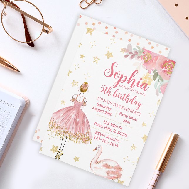 Pink gold swan ballerina birthday invitation (Creator Uploaded)