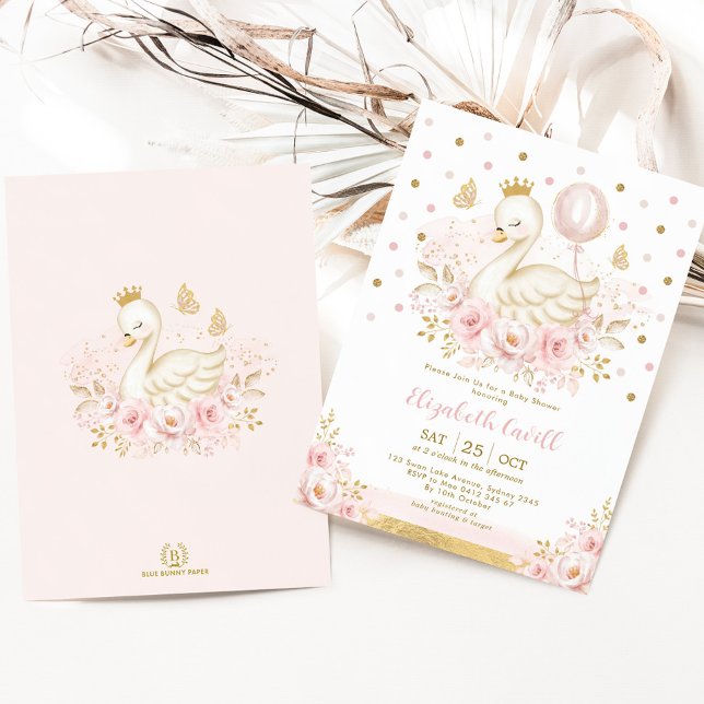 Pink Gold Swan Princess Balloon Birthday Party Invitation (Creator Uploaded)