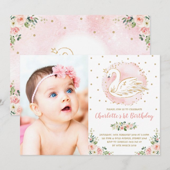 Pink Gold Swan Princess Floral Birthday Party Invitation (Front/Back)