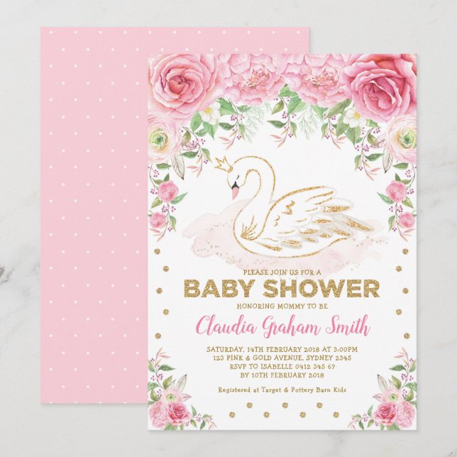 Pink Gold Swan Princess Girl Baby Shower Invitation (Front/Back)
