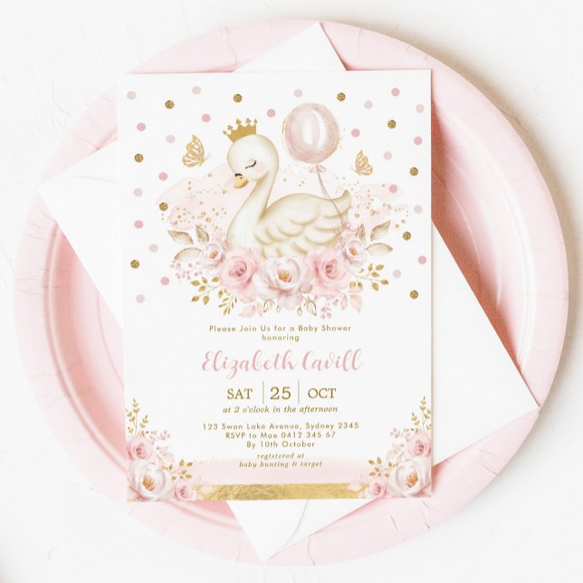 Pink Gold Swan Princess with Balloon Baby Shower Invitation (Creator Uploaded)
