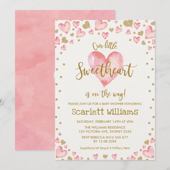 Pink Gold Sweetheart Baby Shower Invitation Hearts (Front/Back)