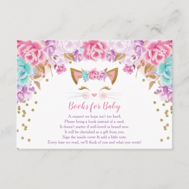 Pink gold teal floral kitty books for baby enclosu enclosure card (Front)