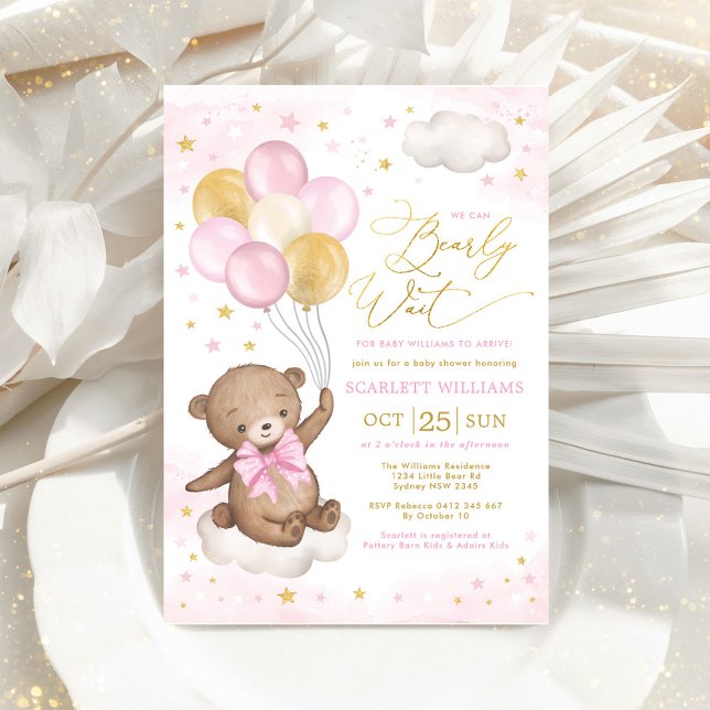 Pink Gold Teddy Bear Balloons Girl Baby Shower Inv Invitation (Creator Uploaded)