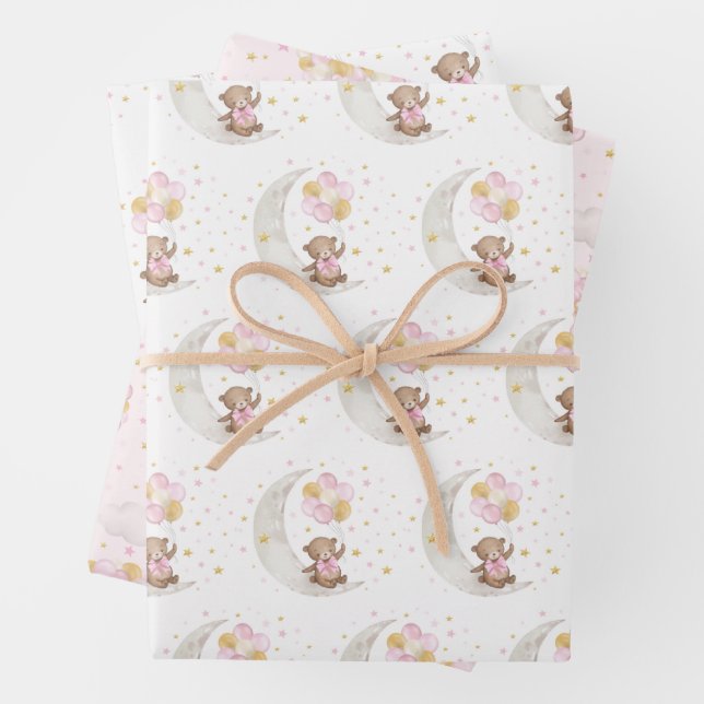 Pink Gold Teddy Bear Balloons Moon Stars Party Wrapping Paper Sheet (In situ)