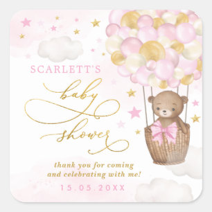 Pink Gold Teddy Bear Hot Air Balloon Baby Girl Square Sticker