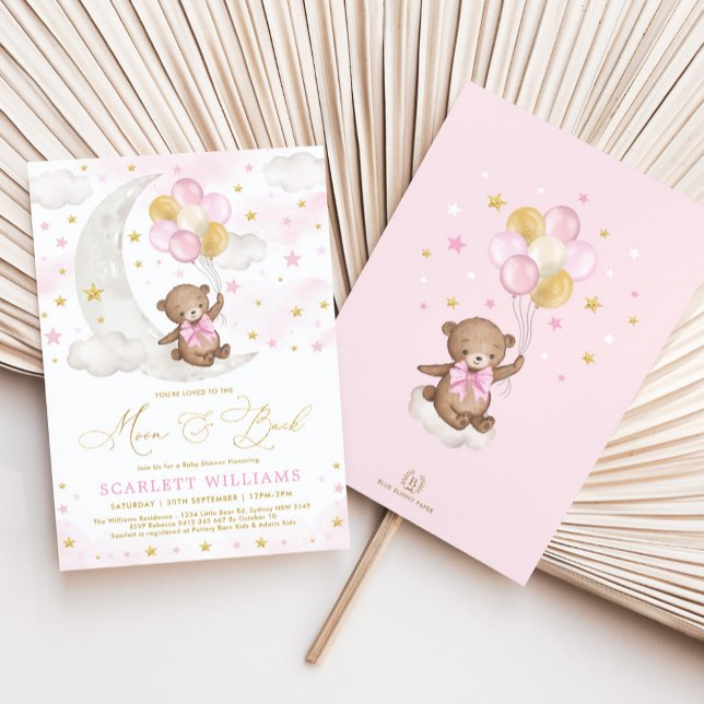 Pink Gold Teddy Bear Moon & Back Baby Shower Invitation (Creator Uploaded)