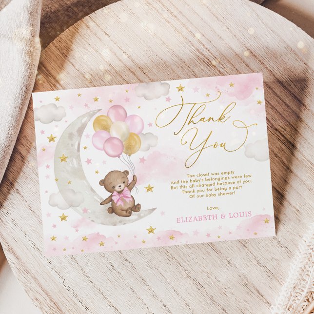 Pink Gold Teddy Bear Moon Balloons Clouds Stars Thank You Card (Creator Uploaded)