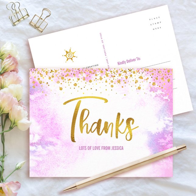 Pink Gold Thank You Sweet 16 Watercolor Birthday Postcard (Creator Uploaded)