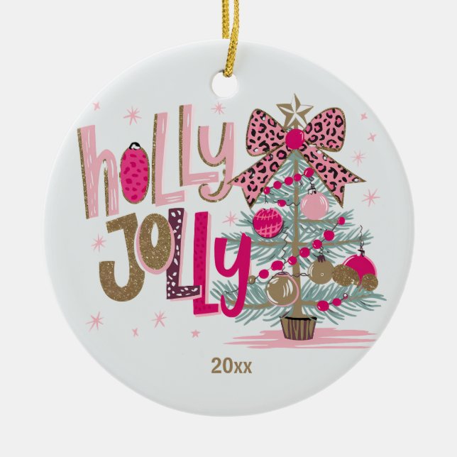 Pink Gold Tree Holly Jolly Christmas Ceramic Tree Decoration (Front)