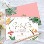 Pink Gold Tropical Bat Mitzvah Floral Palm Modern Save The Date<br><div class="desc">Make sure all your friends and relatives will be able to celebrate your daughter’s milestone Bat Mitzvah! Send out this chic, personalised “Save the Date” announcement card. Stunning, colourful, tropical watercolor birds of paradise flowers, faux gold handwritten script, Star of David and glitter dots, along with rose pink and grey...</div>