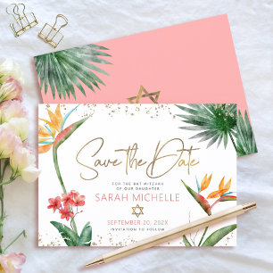 Pink Gold Tropical Bat Mitzvah Floral Palm Modern Save The Date