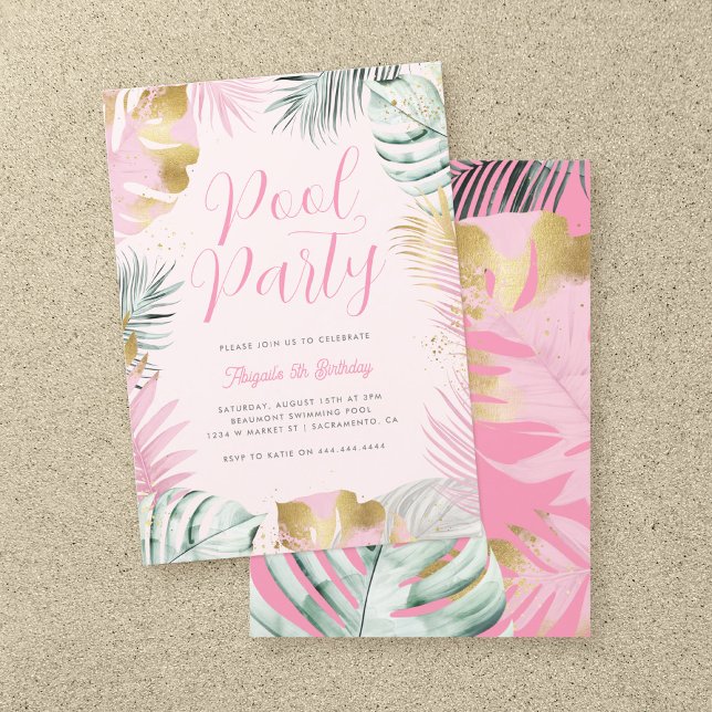 Pink & Gold Tropical Leaves Birthday Pool Party Invitation (Creator Uploaded)