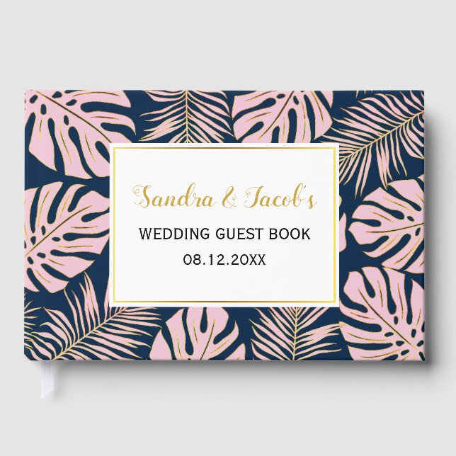 Pink, gold Tropical leaves navy blue wedding Guest Book (Front)