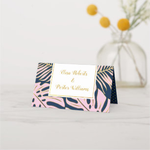 Pink, gold tropical leaves navy blue wedding place card