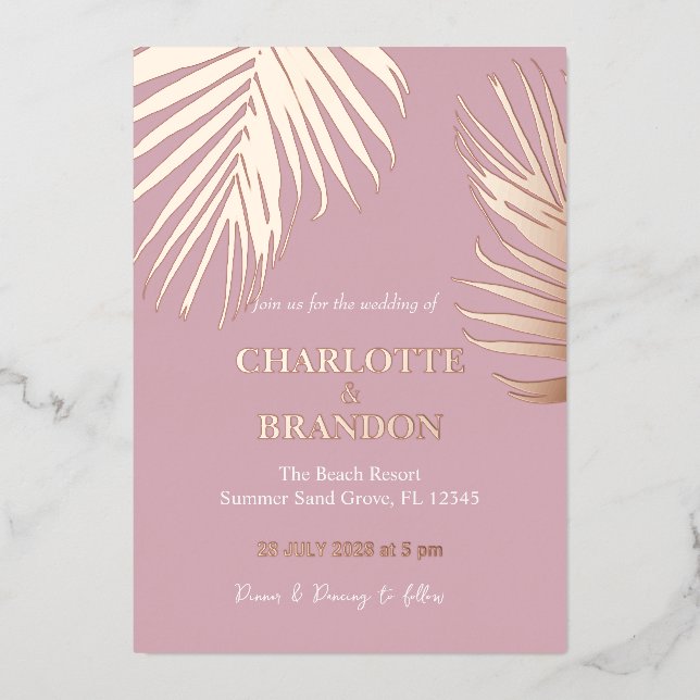 Pink Gold Tropical Palm Leaf Wedding  (Front)