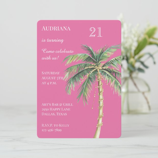 Pink Gold Tropical Palm Tree Birthday Invitation (Standing Front)