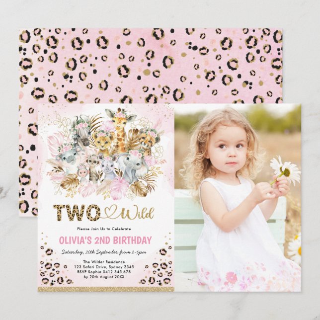 Pink Gold Tropical Safari Two Wild Photo Birthday Invitation (Front/Back)