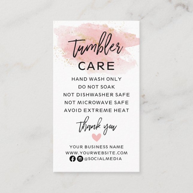 Pink Gold Tumbler Care Instructions Business Card (Front)