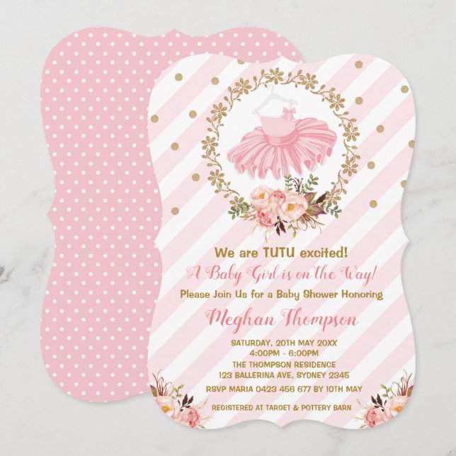 Pink Gold Tutu Baby Shower Invite Ballerina Ballet (Front/Back)