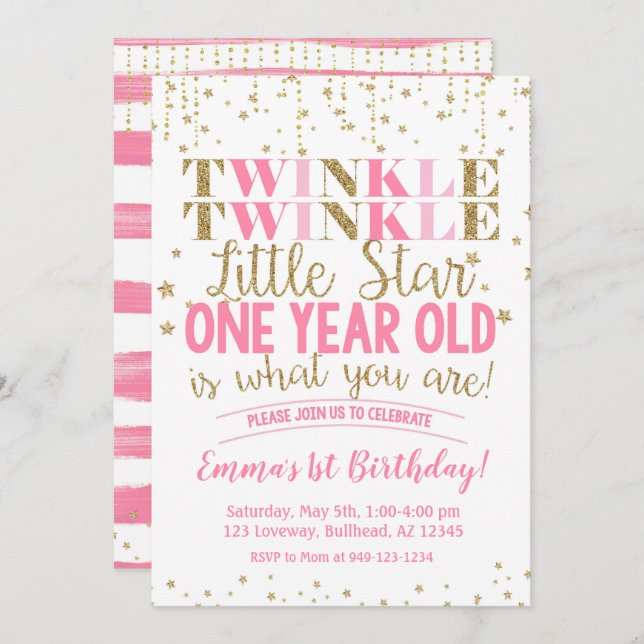 Pink & Gold Twinkle Little Star 1st Birthday Invitation (Front/Back)