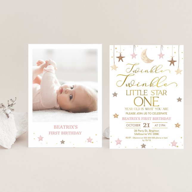 Pink Gold Twinkle Little Star Photo Birthday Invitation (Twinkle twinkle little star girl's birthday invitation featuring some faux gold text and a photo.)