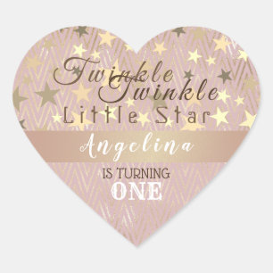Pink Gold Twinkle Star 1st Birthday  Heart Sticker