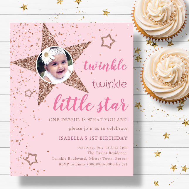Pink & Gold Twinkle Star 1st Birthday Invitation (Creator Uploaded)