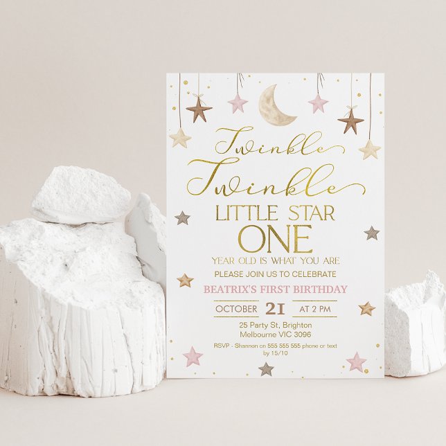 Pink Gold Twinkle Twinkle Little Star Birthday Invitation (Twinkle twinkle little star first birthday invitation for baby girl featuring some faux gold text.)