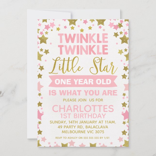 Pink Gold Twinkle twinkle Little Star Birthday Invitation (Front)