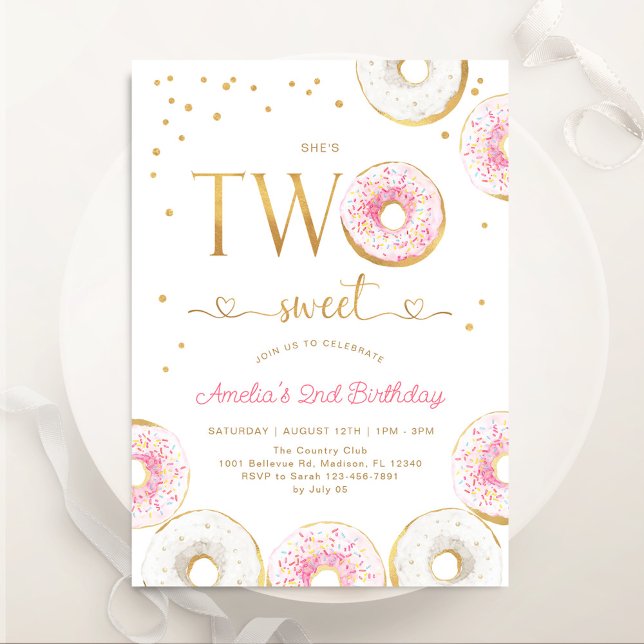 Pink Gold Two Sweet Doughnuts 2nd Birthday Invitation (Creator Uploaded)