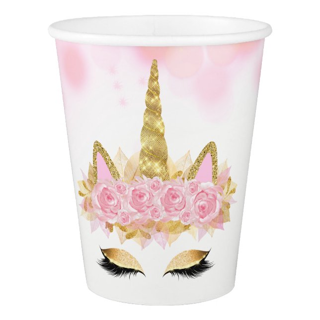Pink Gold Unicorn Face Baby Shower Paper Cups (Front)