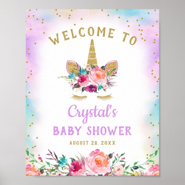 Pink Gold Unicorn Floral Baby Shower Welcome Sign (Front)