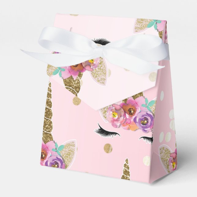 Pink & Gold Unicorn Floral Horn Birthday Party Favour Box (Front Side)