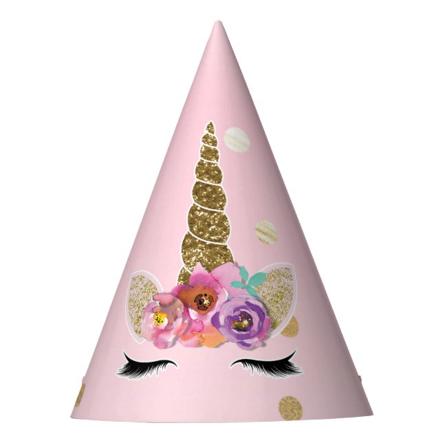 Pink Gold Unicorn Floral Horn Birthday Party Hat (Front)