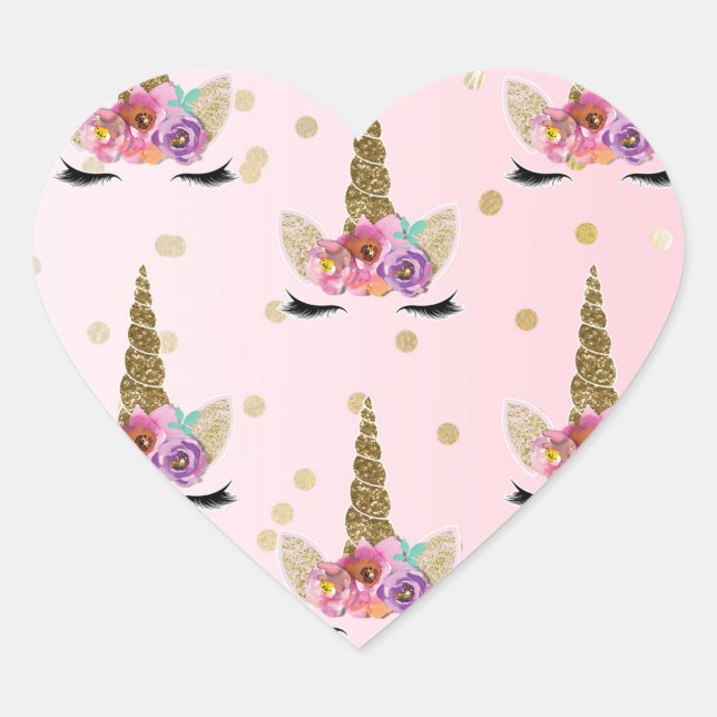 Pink & Gold Unicorn Floral Horn Birthday Party Heart Sticker (Front)