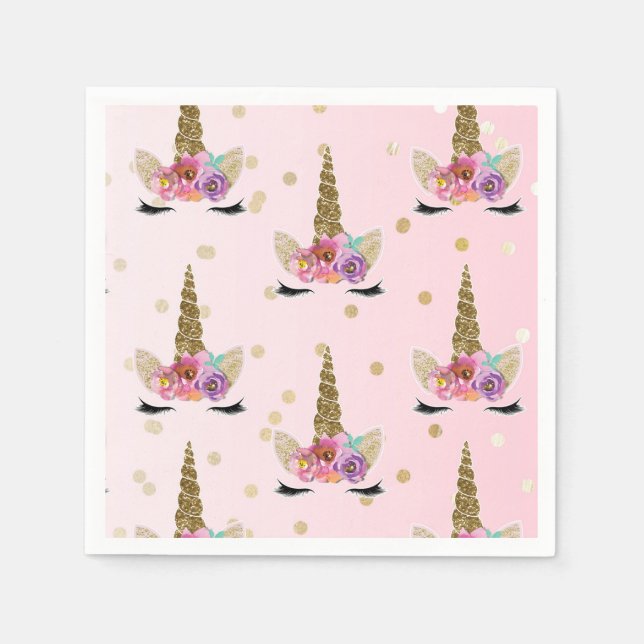 Pink & Gold Unicorn Floral Horn Birthday Party Napkin (Front)