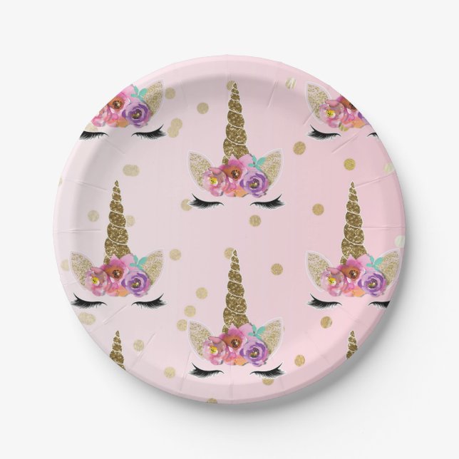 Pink & Gold Unicorn Floral Horn Birthday Party Paper Plate (Front)