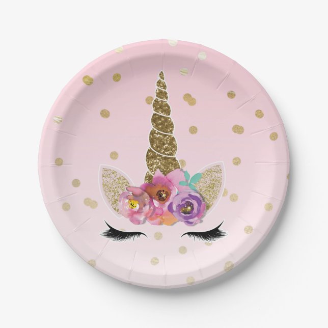 Pink & Gold Unicorn Floral Horn Birthday Party Paper Plate (Front)