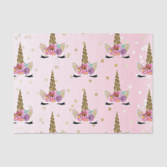 Pink & Gold Unicorn Floral Horn Birthday Party Tissue Paper (Front)