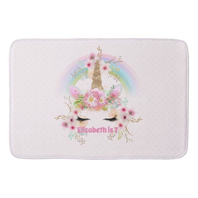 Pink Gold UNICORN Rainbow Flowers Girls NAMED Gift Bath Mat (Front)