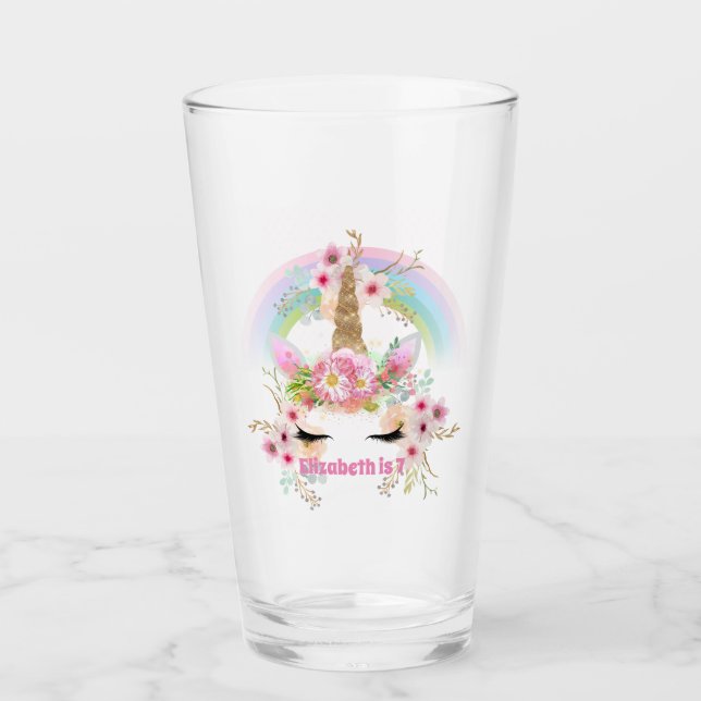 Pink Gold UNICORN Rainbow Flowers Girls NAMED Gift Glass (Front)