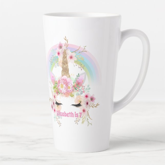 Pink Gold UNICORN Rainbow Flowers Girls NAMED Gift Latte Mug (Right)